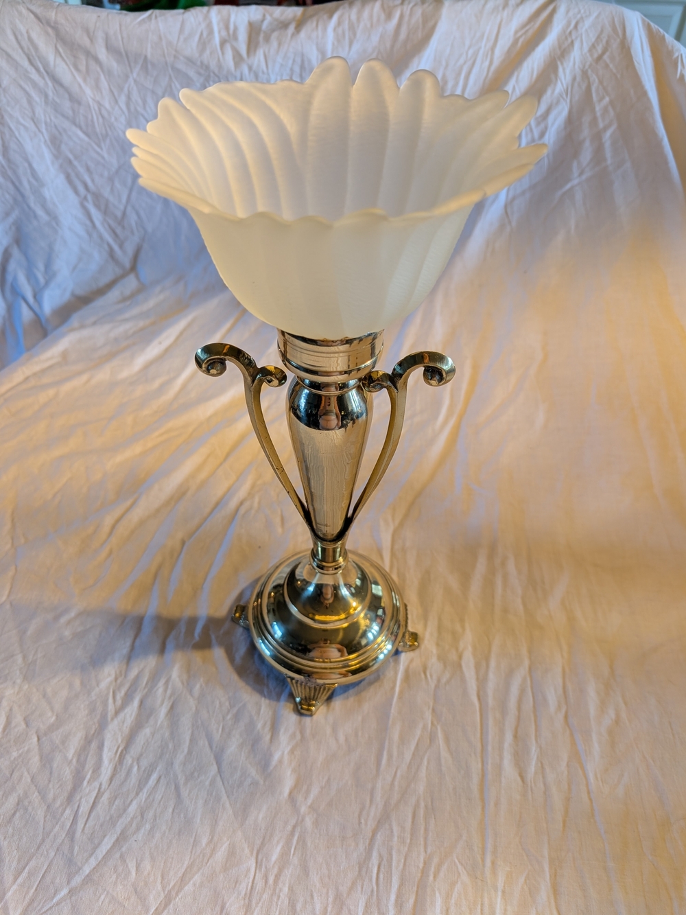 2/100$ Vintage gold brass Candlestick with White Scalloped Glass Shade